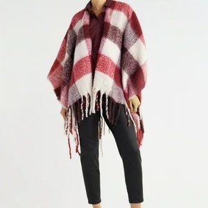 NWT Time & Tru  Reds & White Bohemian Chic Plaid Fringe Open Front Poncho OS
